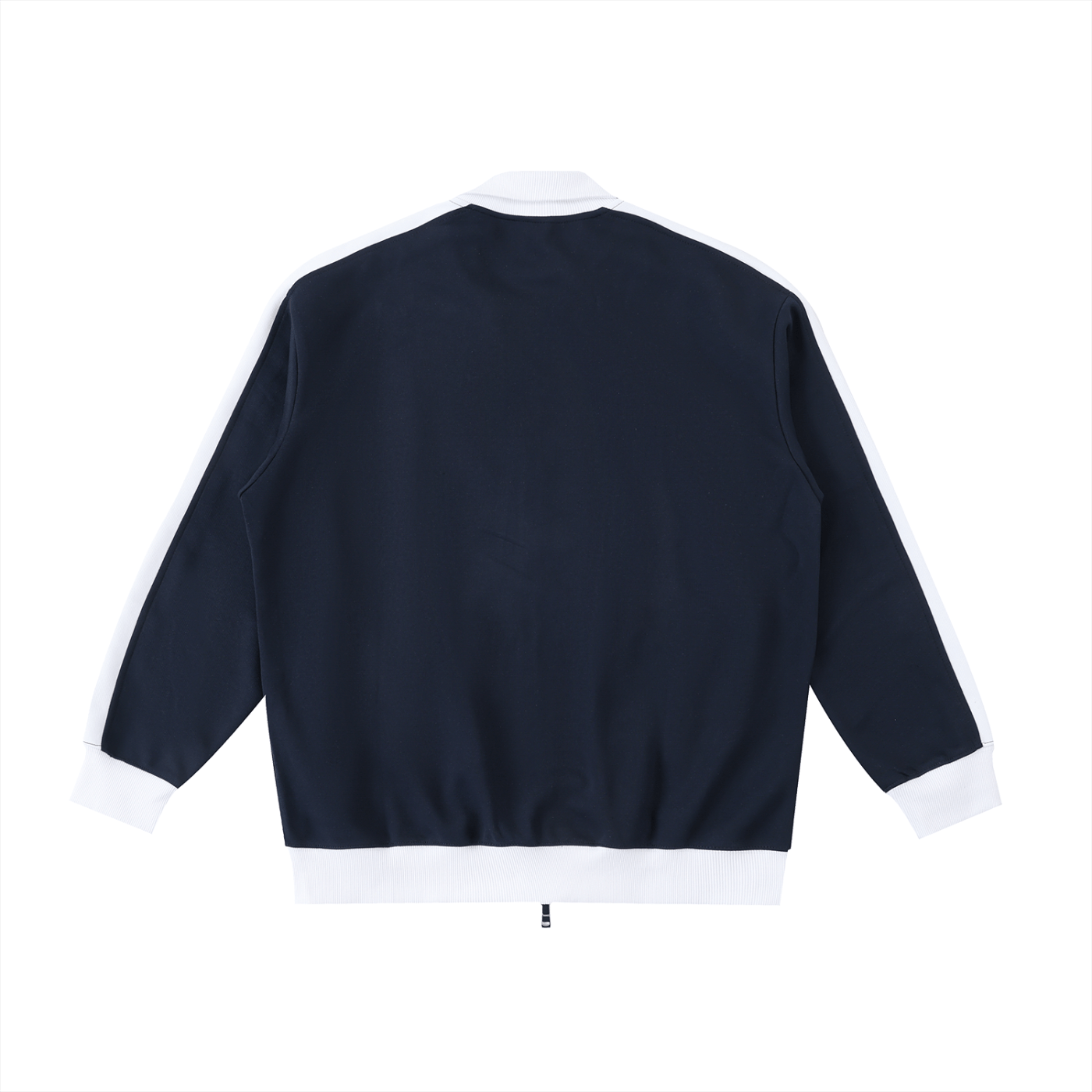 Navy blue jacket with white trim on a white background