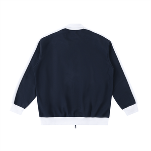 Navy blue jacket with white trim on a white background