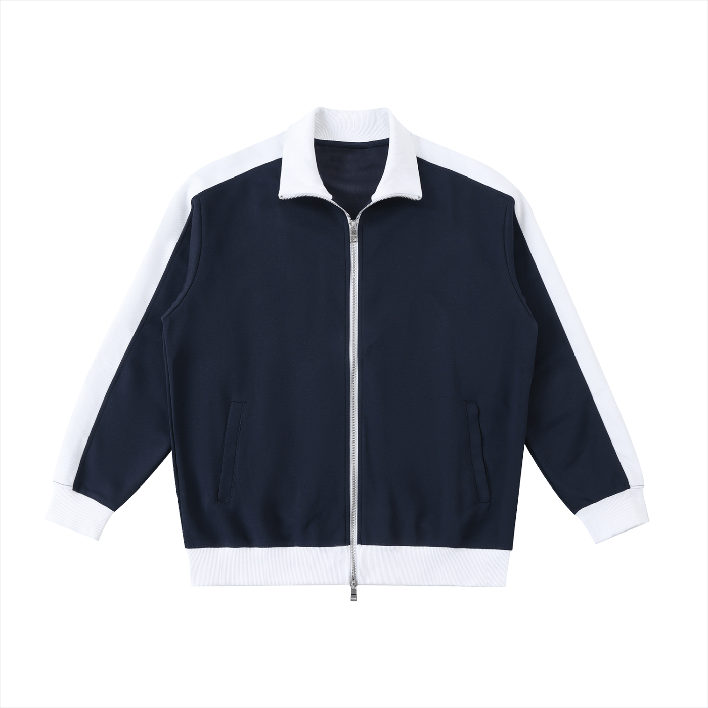 Navy blue jacket with white accents on a white background