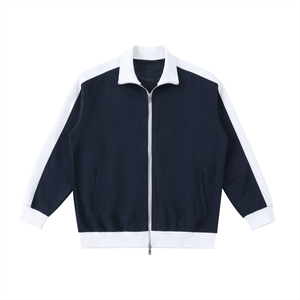 Navy blue jacket with white accents on a white background