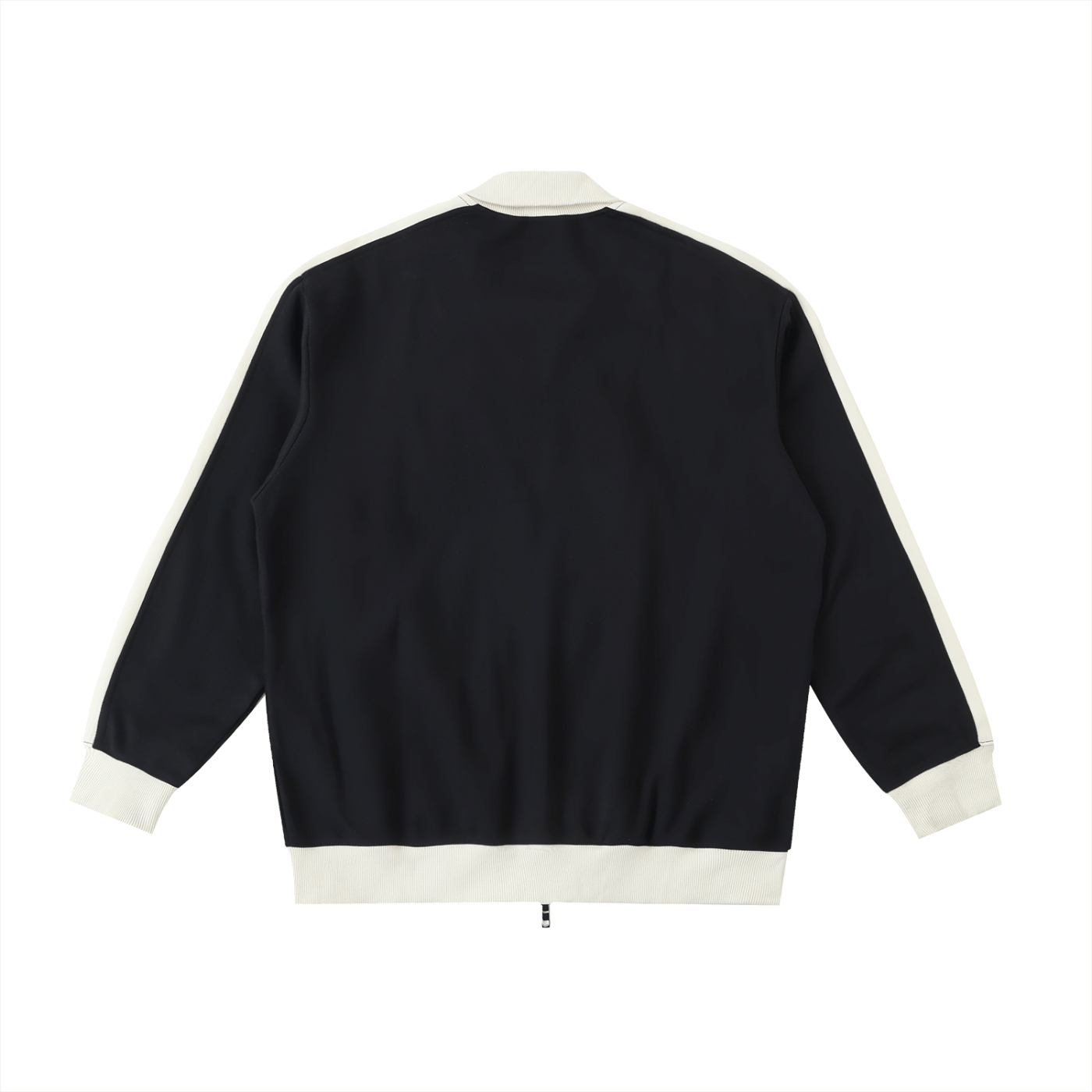 Black jacket with white trim on a white background