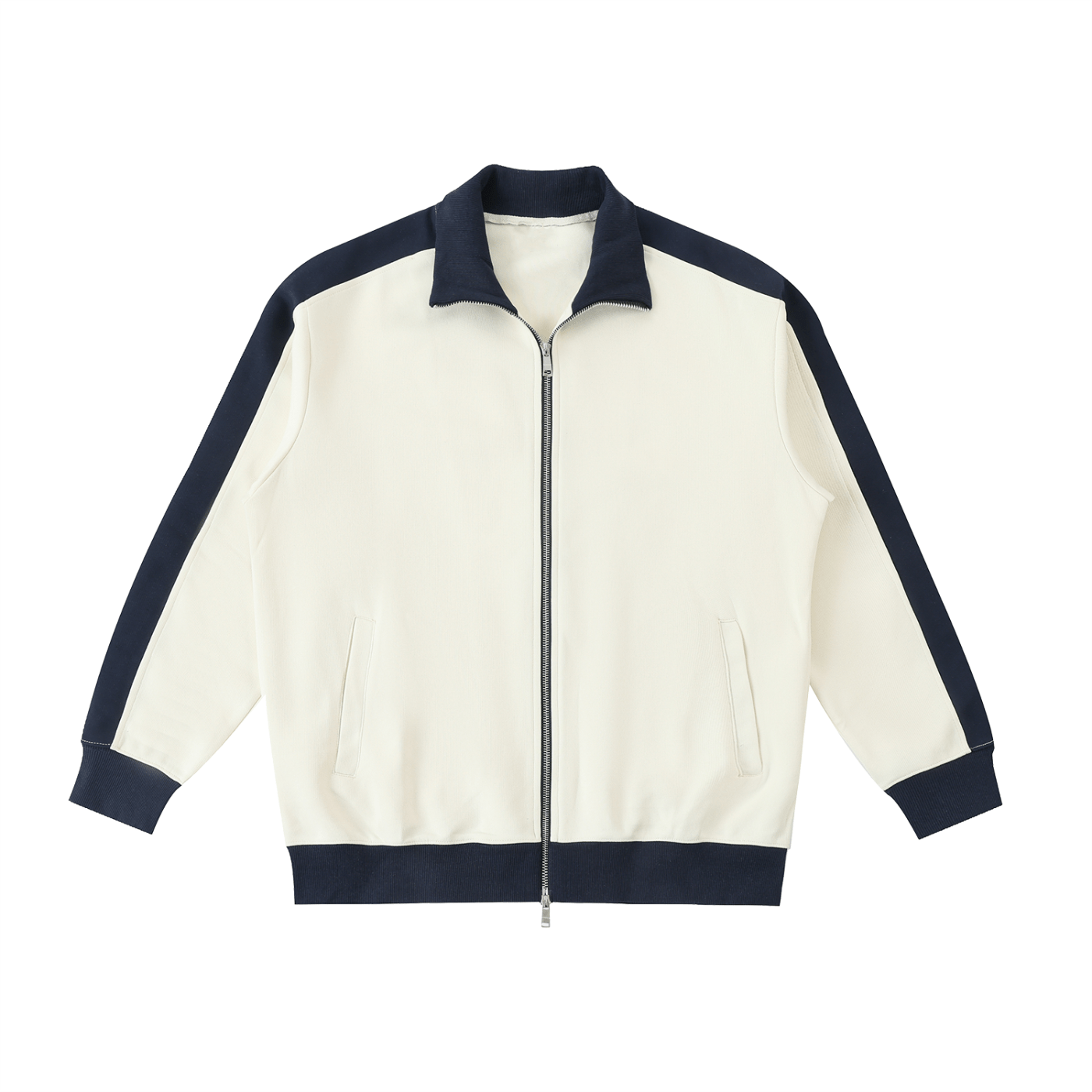 White jacket with navy accents on a white background