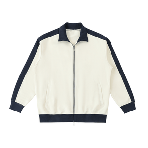 White jacket with navy accents on a white background
