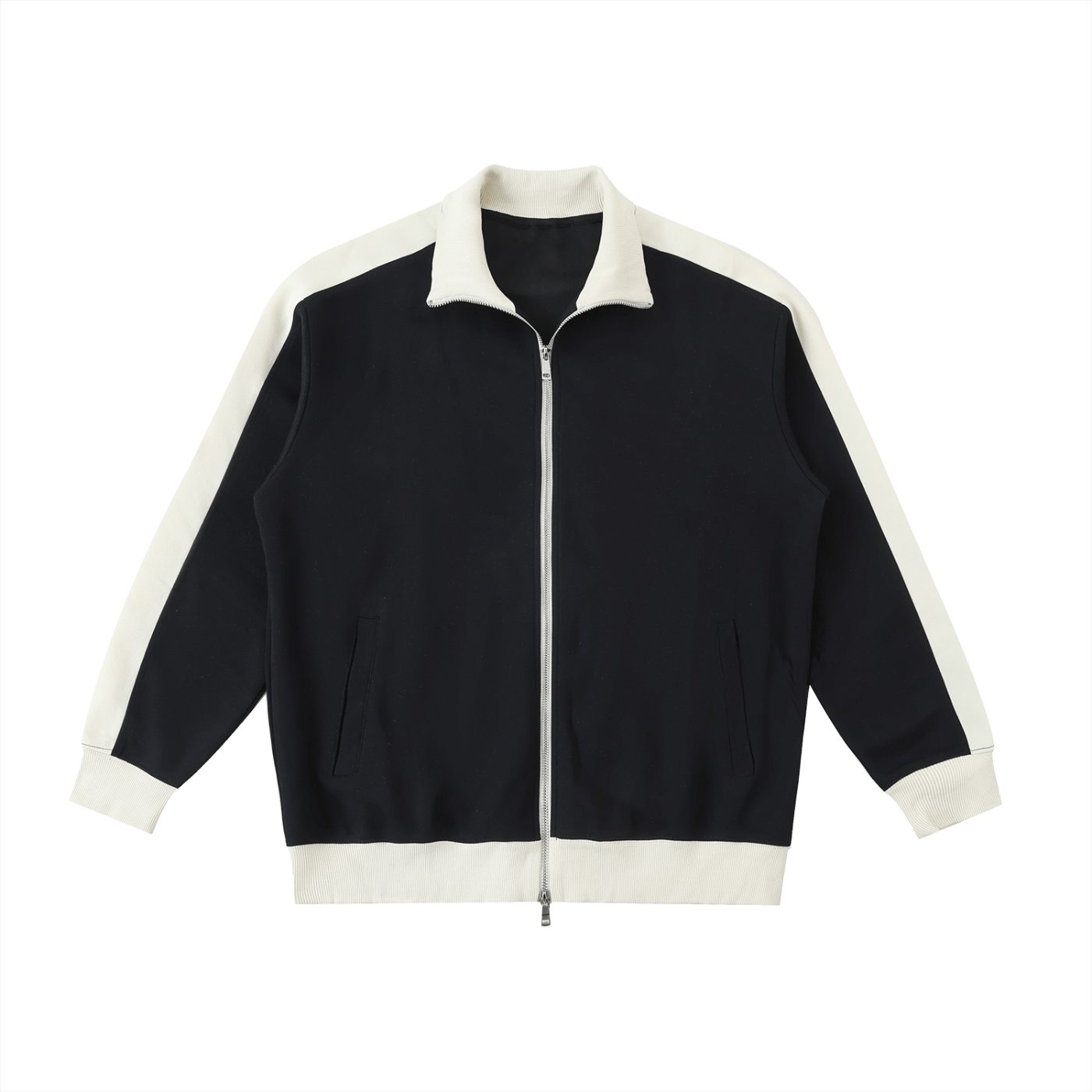 Black jacket with white accents on a white background