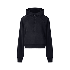 Black hoodie with a quarter zip on a white background