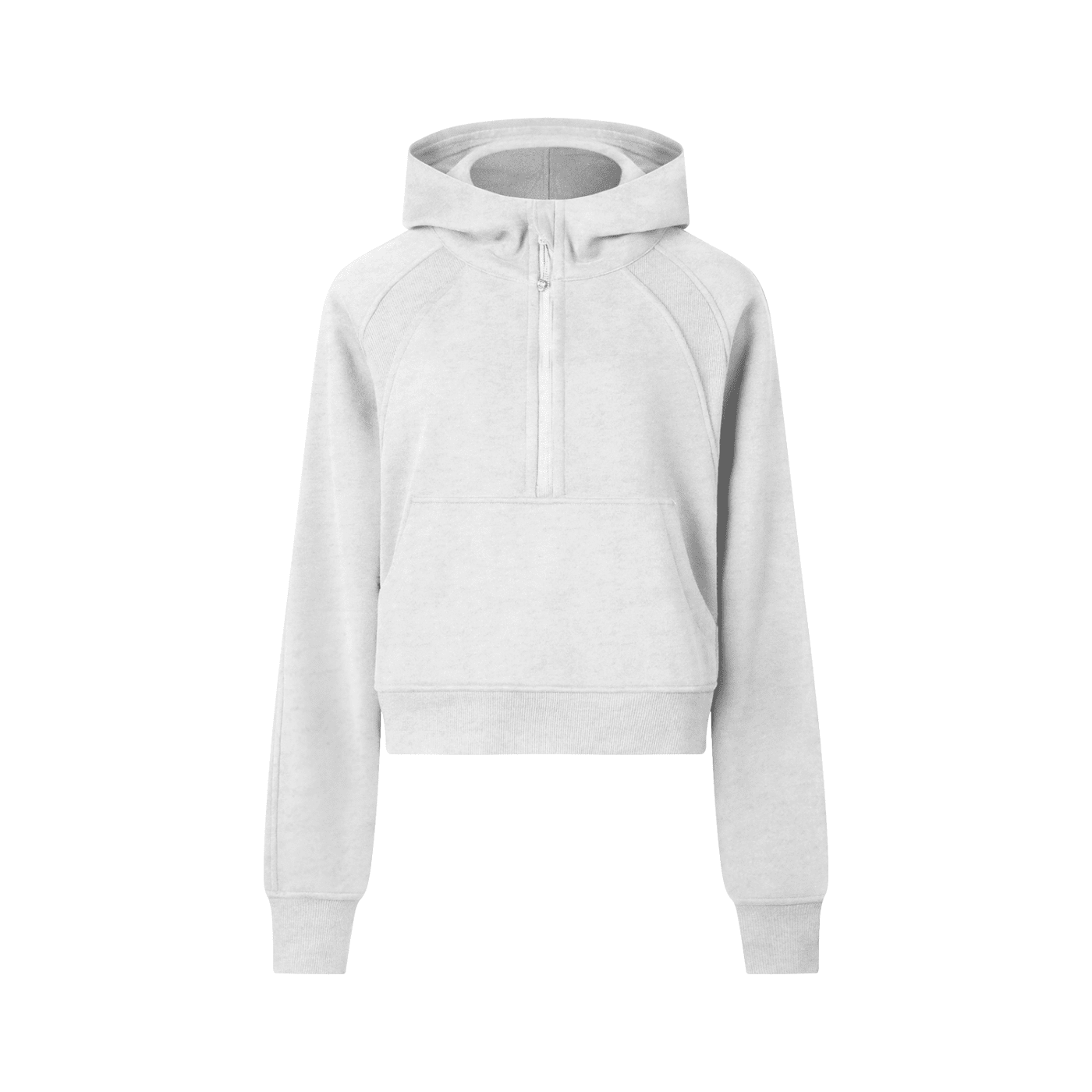 White hoodie with a quarter zip on a white background