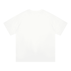 A plain white short-sleeve crewneck t-shirt shown from the back, laid flat against a solid white background.