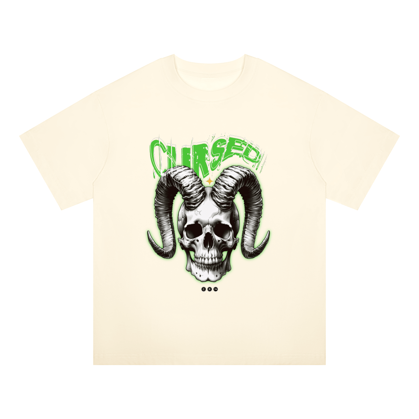 An off-white short-sleeve t-shirt featuring a graphic of a skull with large curved horns and the word 'CHURCH' in green above it, displayed on a solid white background.