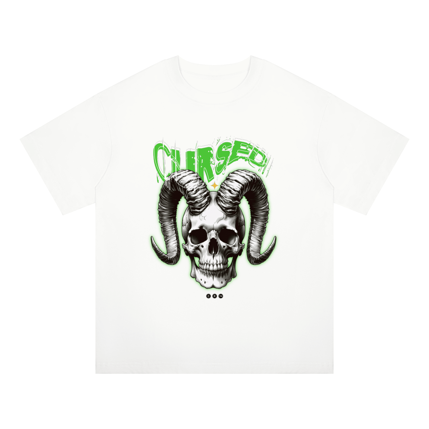 A white short-sleeve crewneck t-shirt featuring a graphic print of a skull with large curved black horns and green 'CHURCH' text above it, displayed on a solid white background.