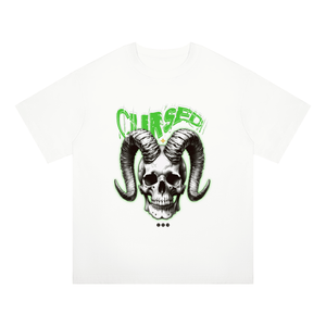 A white short-sleeve crewneck t-shirt featuring a graphic print of a skull with large curved black horns and green 'CHURCH' text above it, displayed on a solid white background.