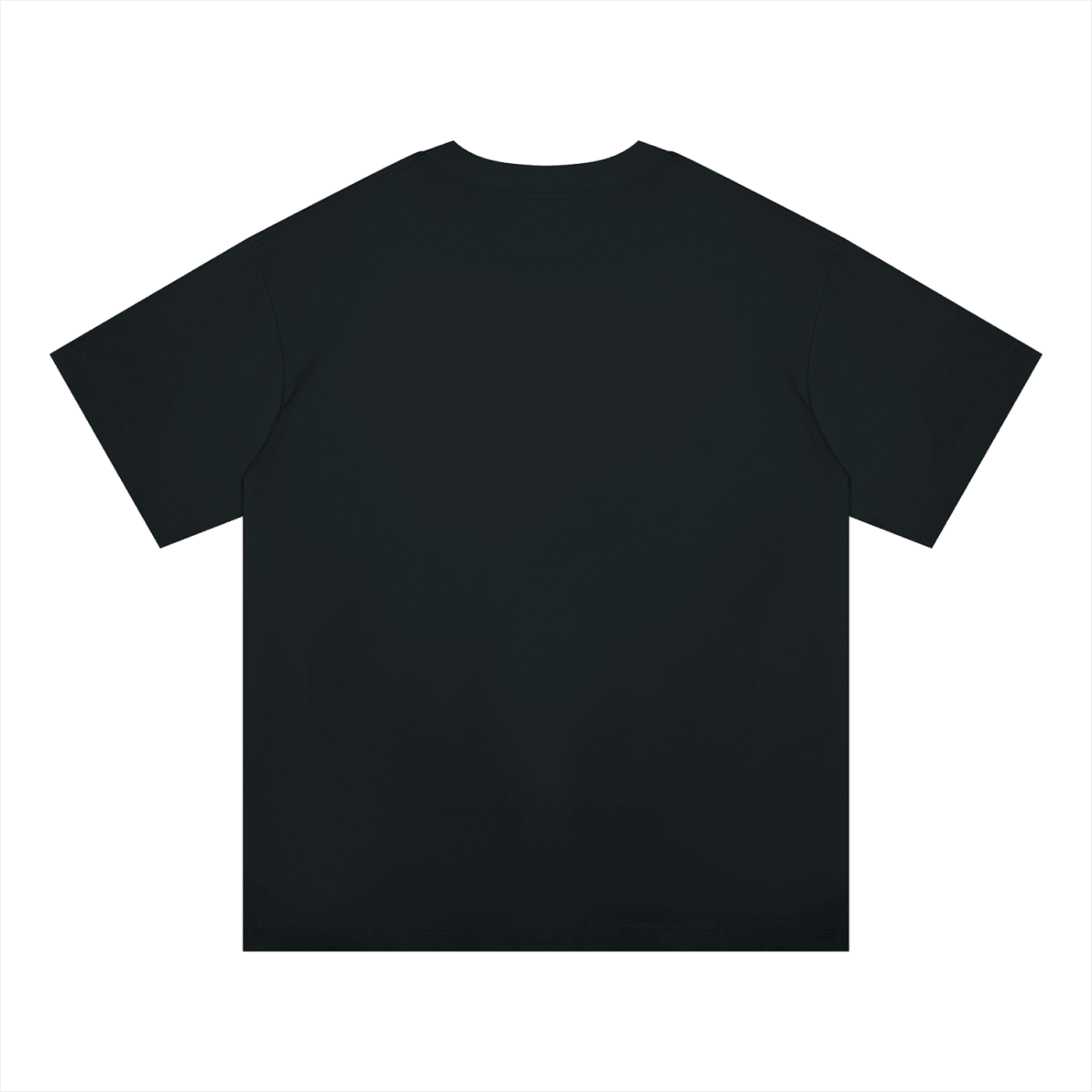 A plain black short-sleeve crewneck t-shirt shown from the back, laid flat against a solid white background.
