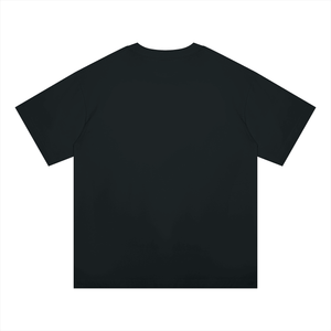 A plain black short-sleeve crewneck t-shirt shown from the back, laid flat against a solid white background.