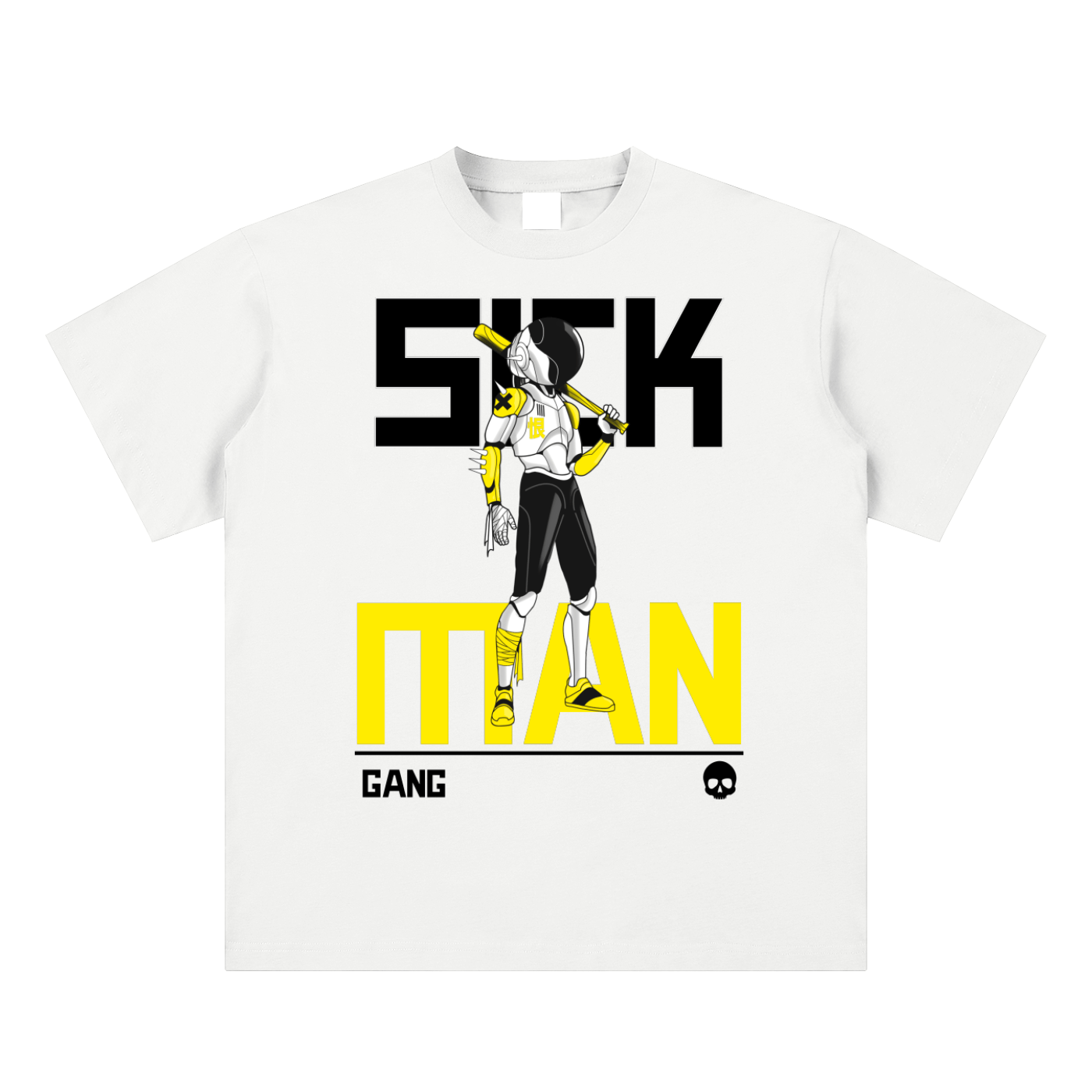 White t-shirt with graphic design featuring text and a character on a white background