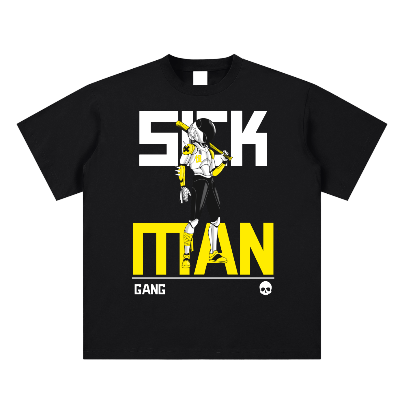 Black t-shirt with graphic design and text on a white background