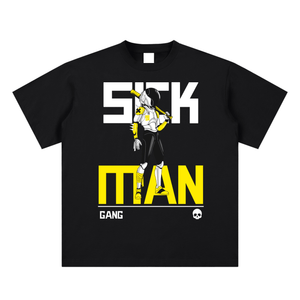 Black t-shirt with graphic design and text on a white background
