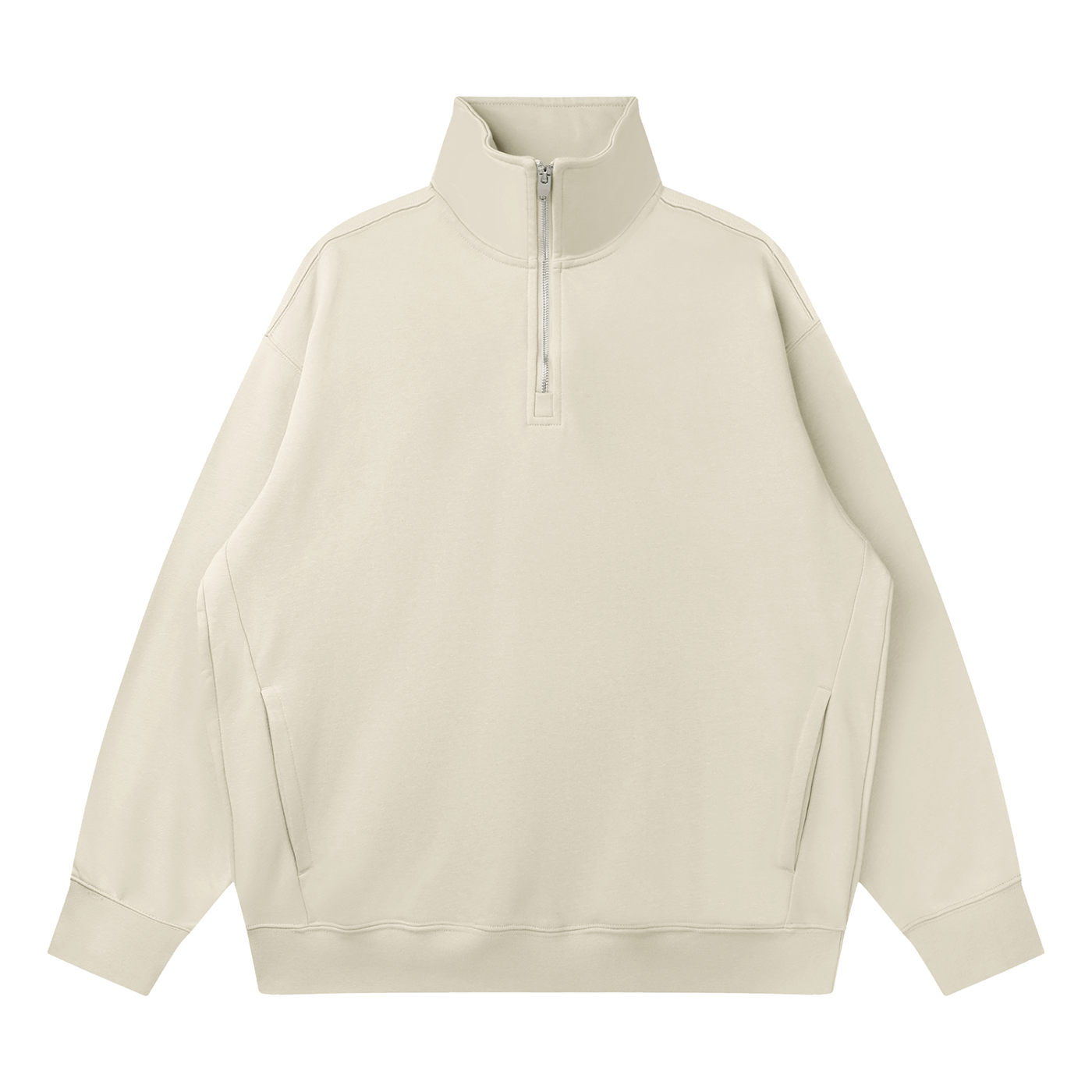 Beige half-zip sweatshirt with '#justchillguy' text on a white background