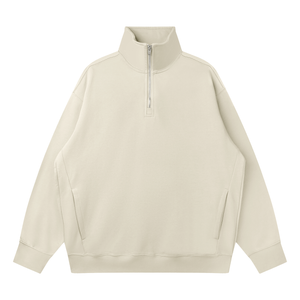 Beige half-zip sweatshirt with '#justchillguy' text on a white background