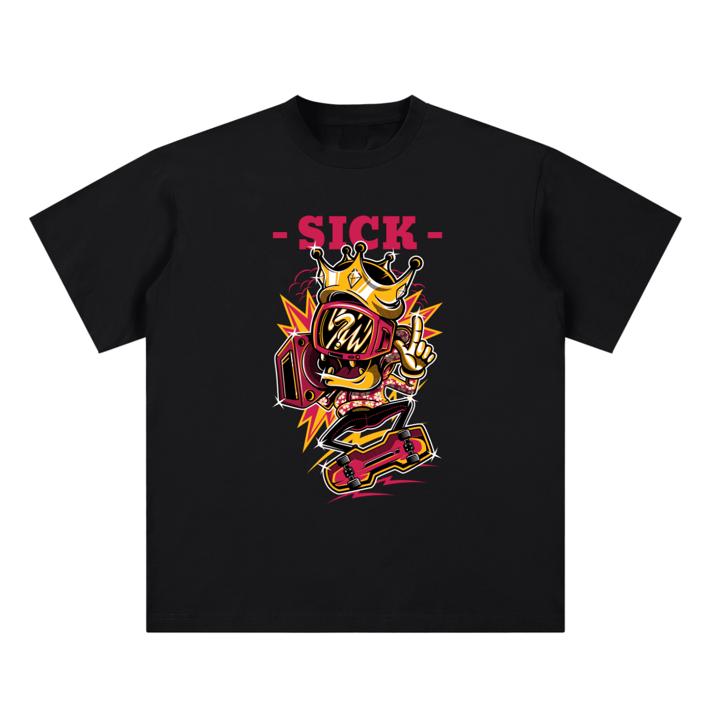 Black t-shirt with a colorful graphic design and 'SICK' text on a white background