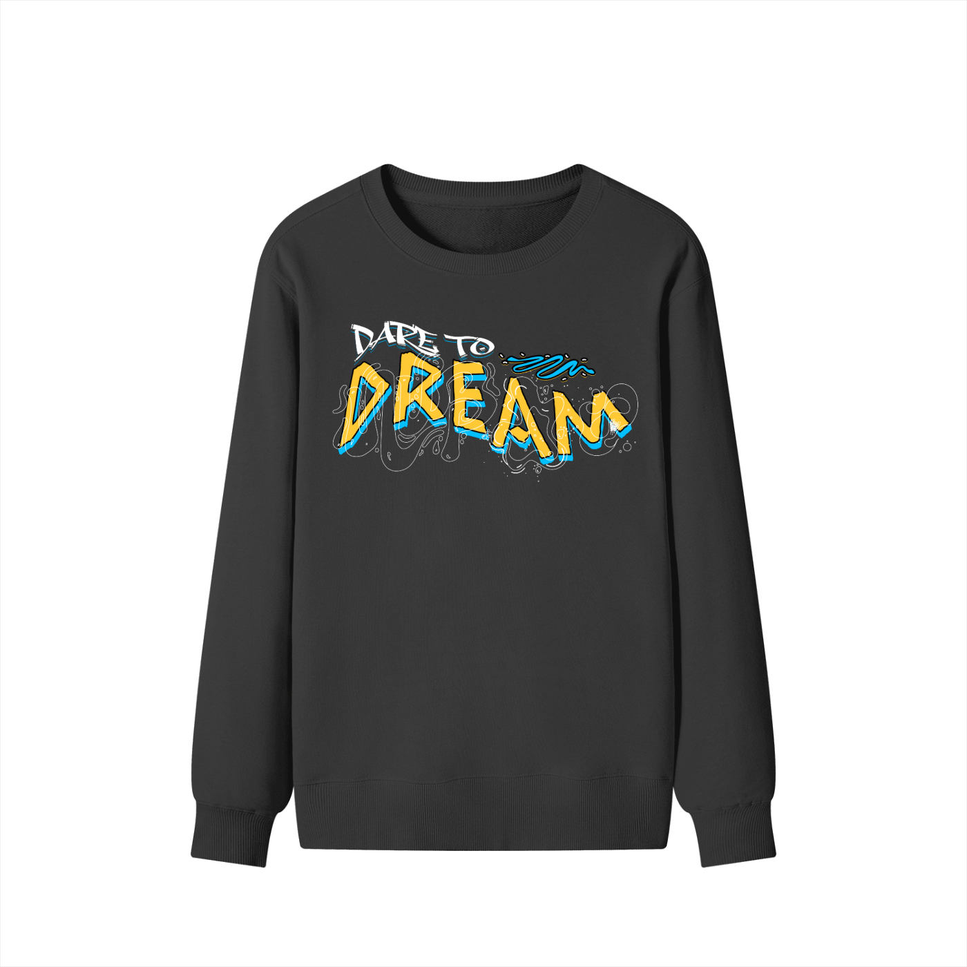 A black crewneck sweatshirt with a colorful graphic on the chest that reads 'DATE TO DREAM' in yellow, blue, and white stylized lettering, shown against a plain white background.