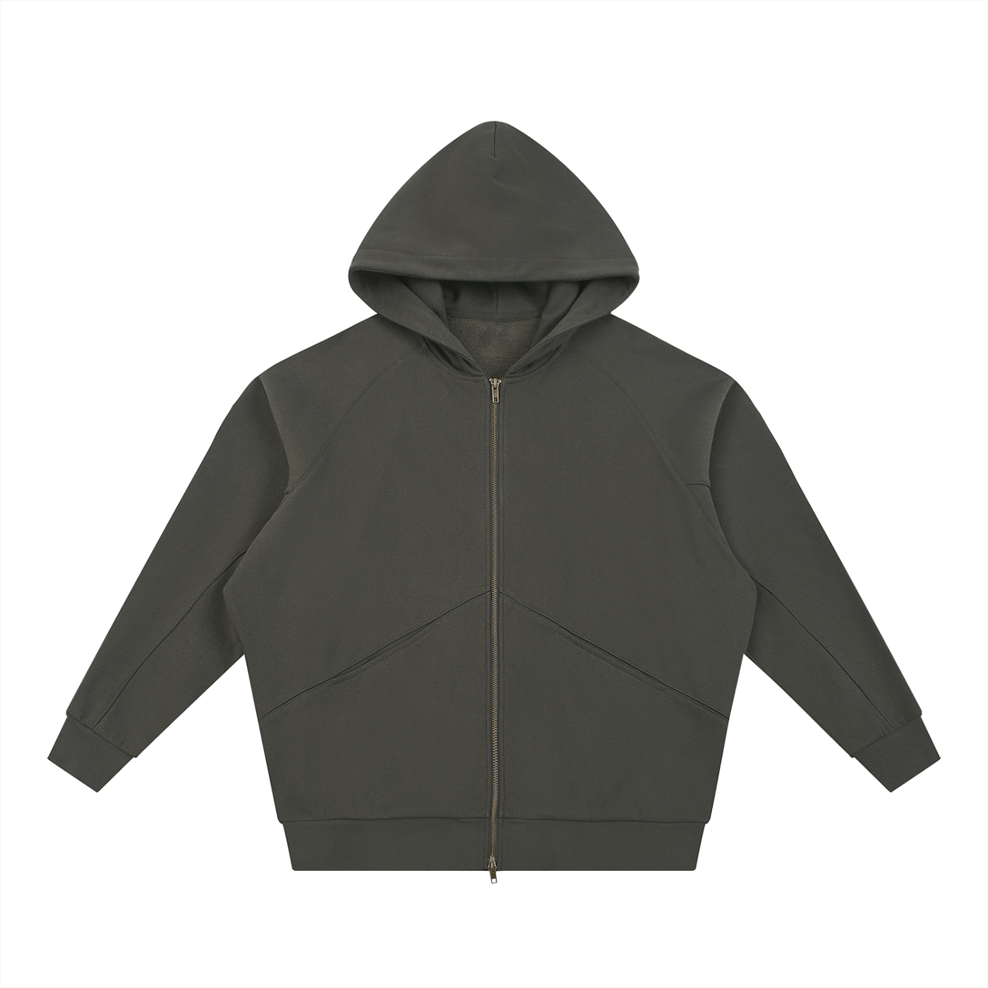 Dark gray hoodie with a zipper on a white background