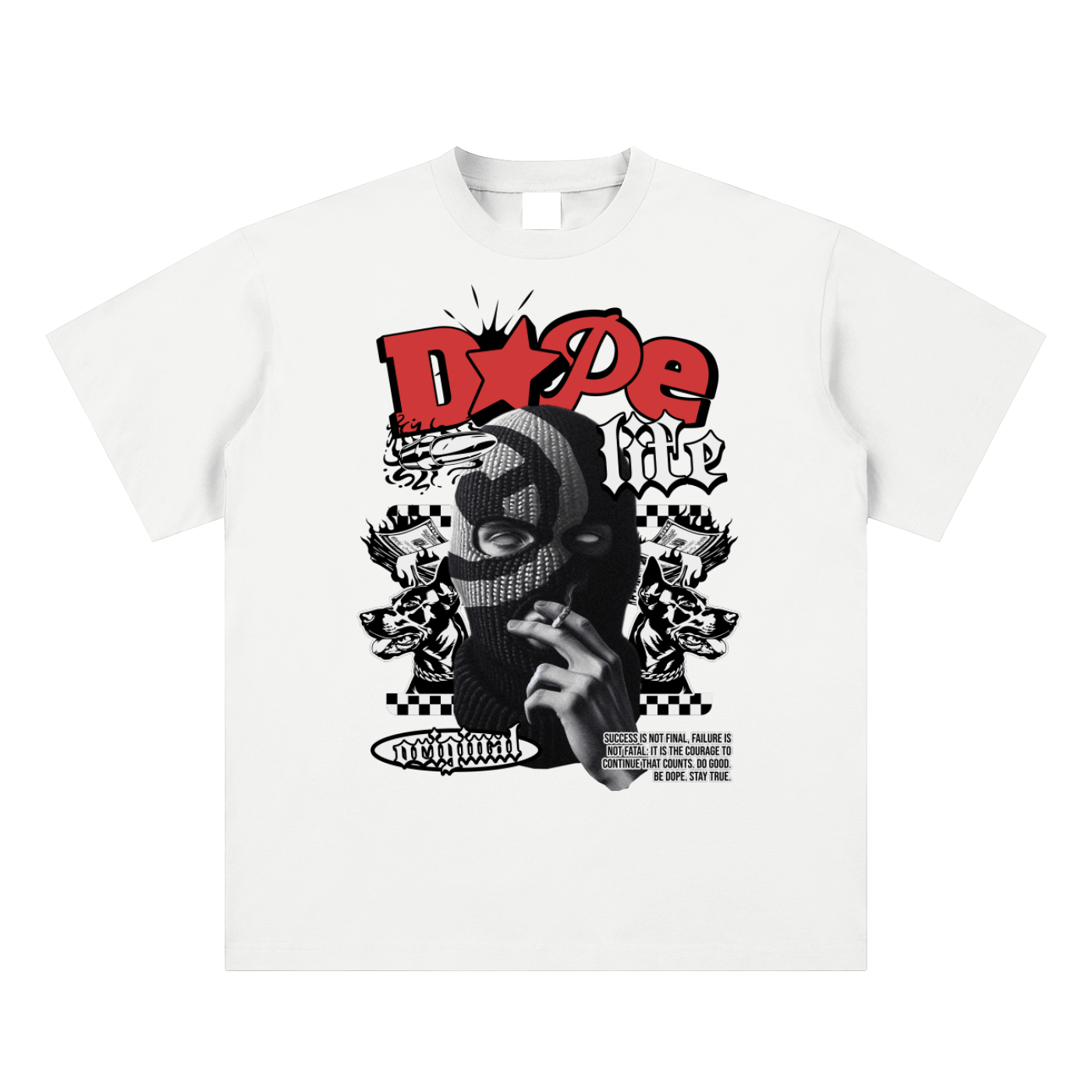 White t-shirt with black and red graphic design on a white background