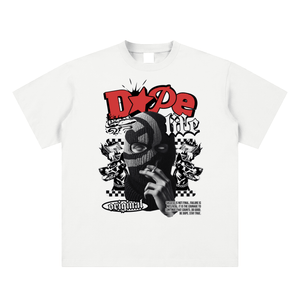 White t-shirt with black and red graphic design on a white background