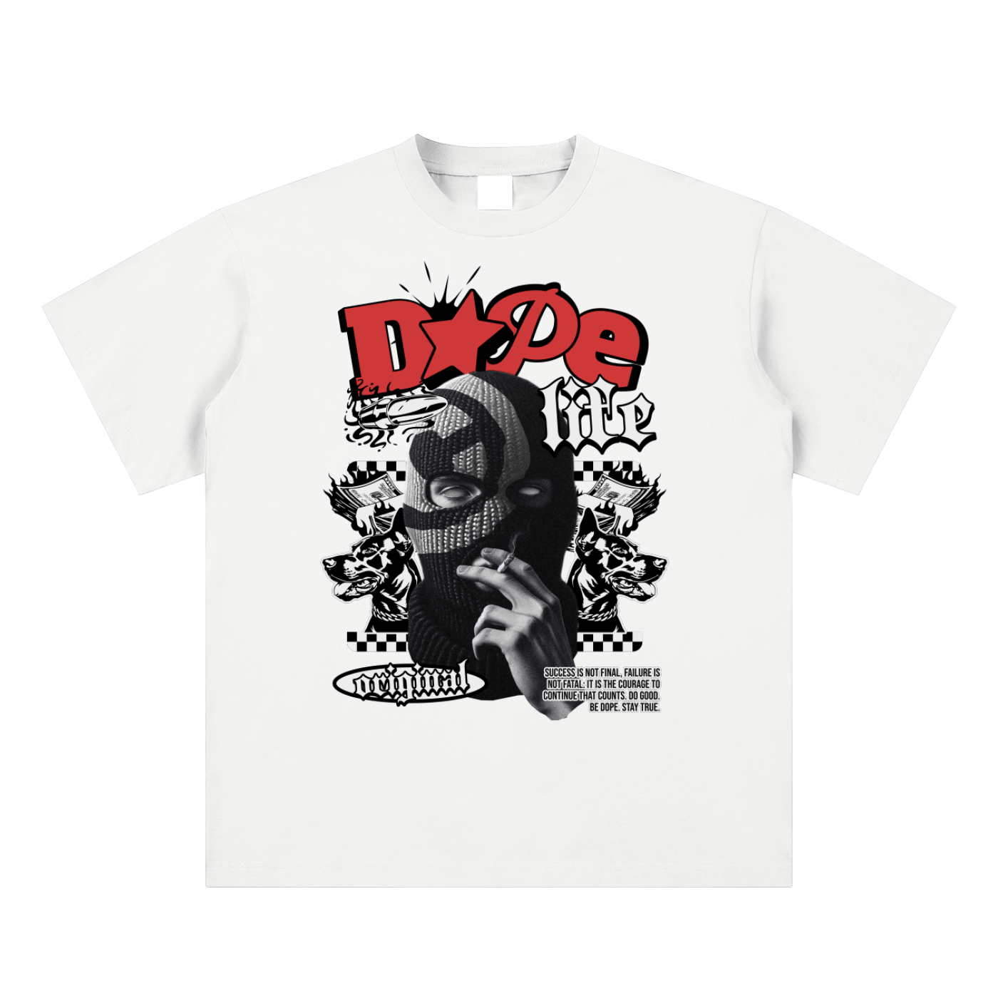 White t-shirt with graphic design featuring text and a person in a helmet on a white background