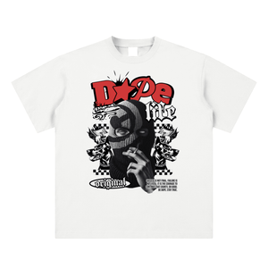 White t-shirt with graphic design featuring text and a person in a helmet on a white background
