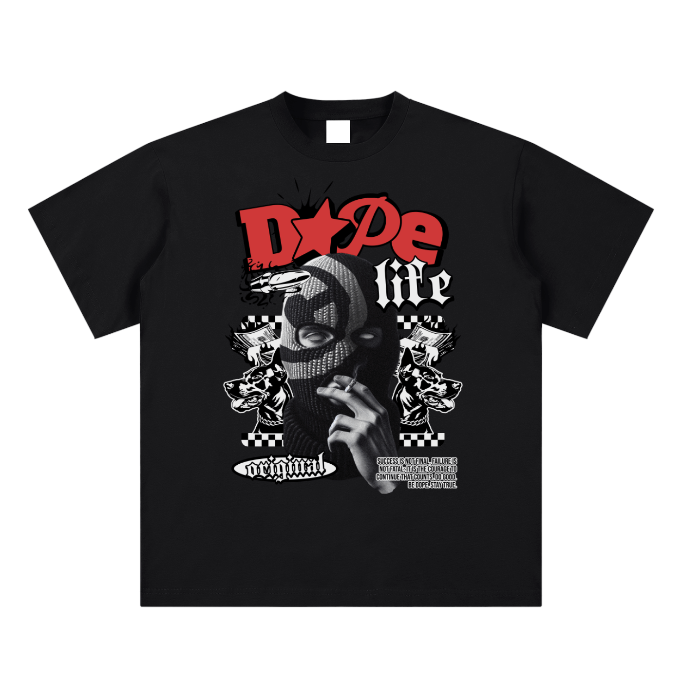 Black t-shirt with 'Dope Life' graphic design featuring a hand and checkered pattern on a white background.