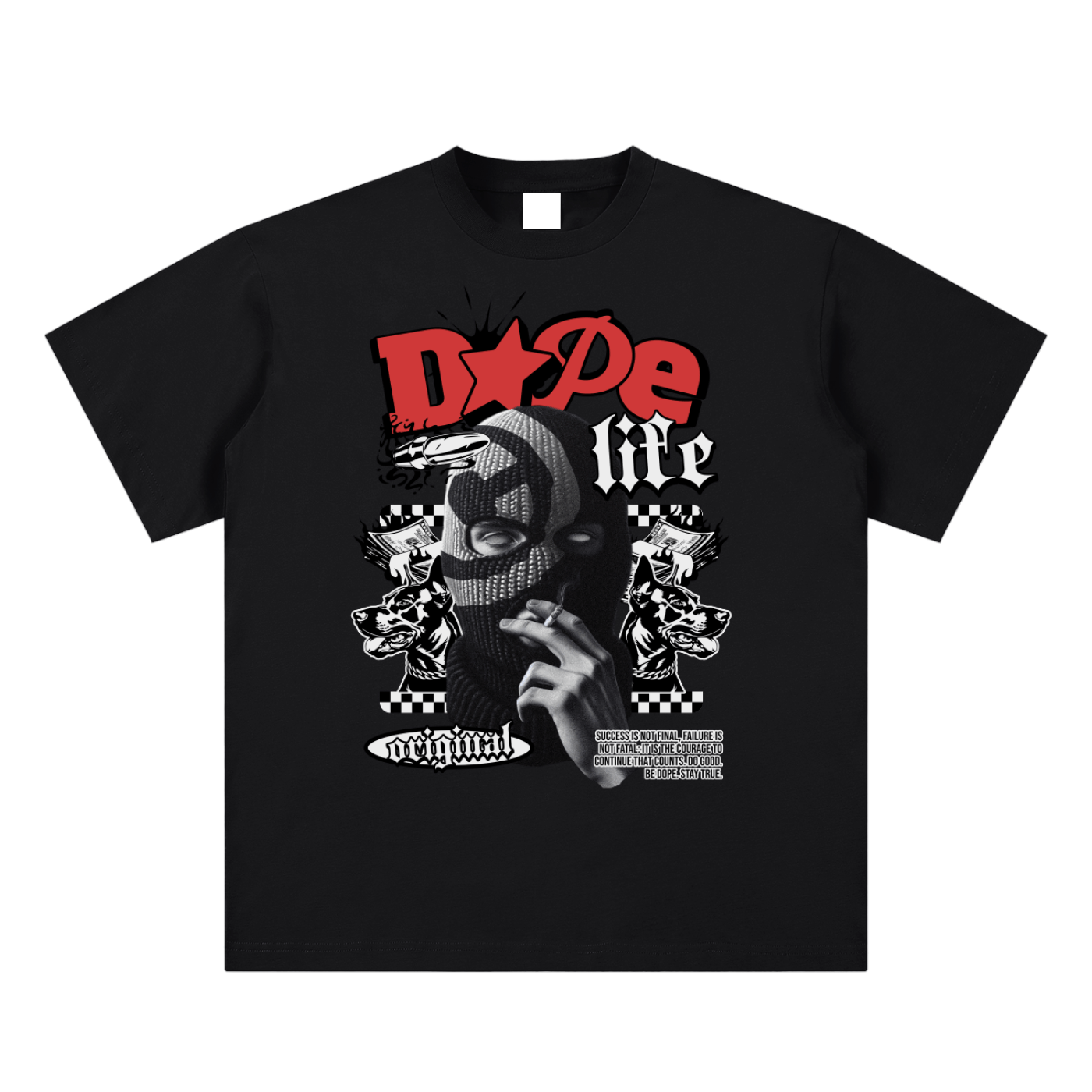 Black t-shirt with graphic design and text on a white background