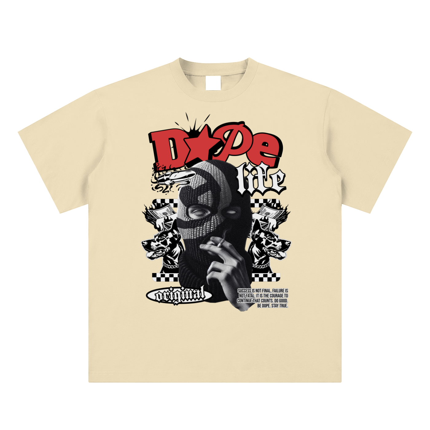 Beige t-shirt with graphic design featuring a person and text on a white background