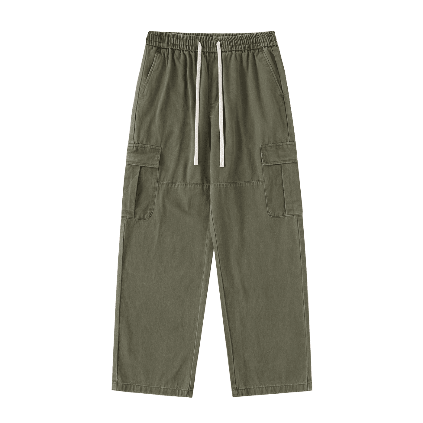 Green cargo pants with drawstring on a white background