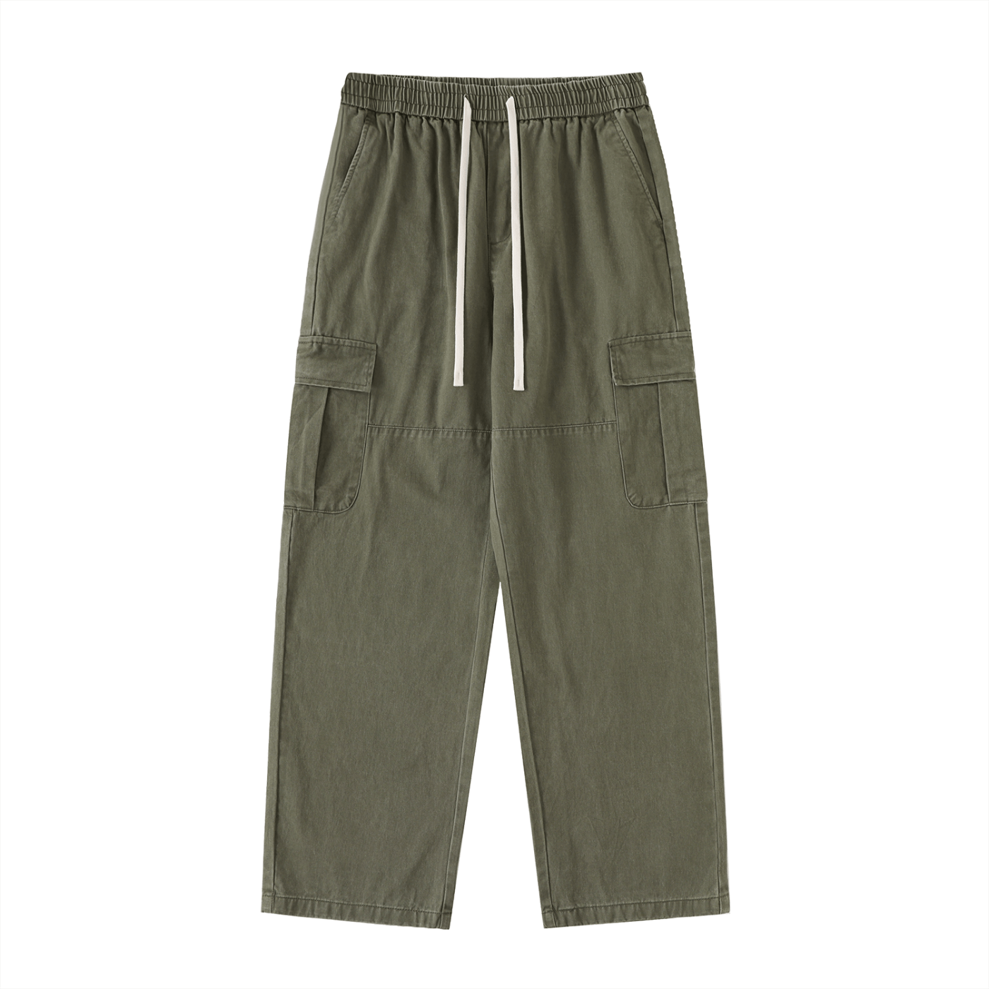 Green cargo pants with drawstring on a white background