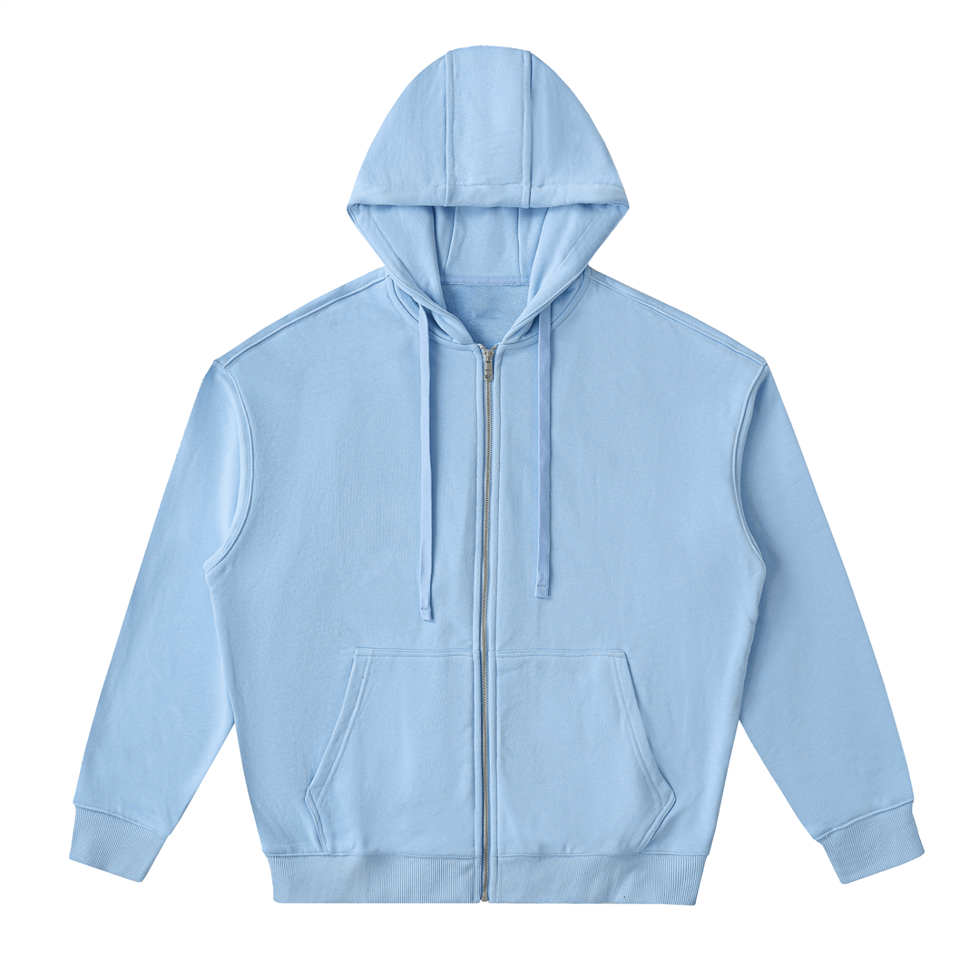 Light blue hoodie with a zipper on a white background