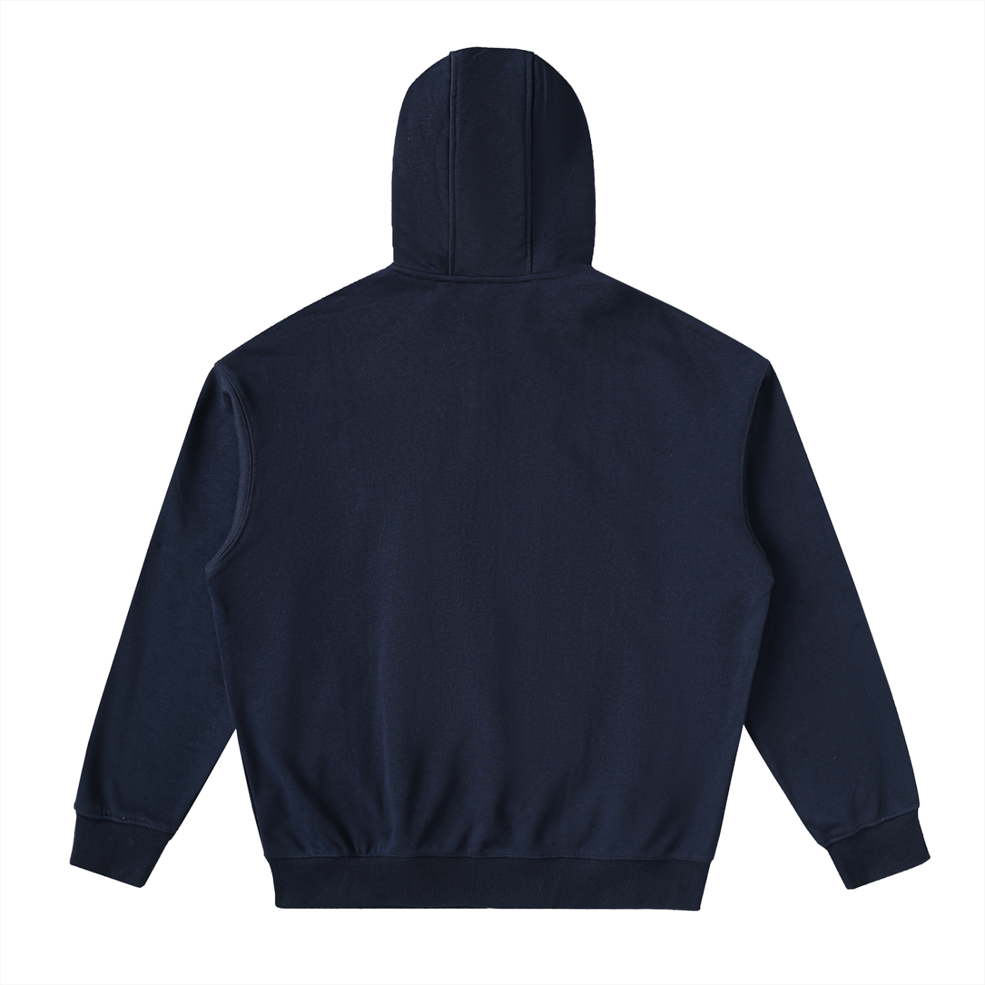 Navy blue hoodie shown from the back on a white background