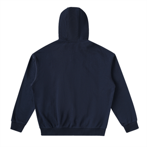 Navy blue hoodie shown from the back on a white background