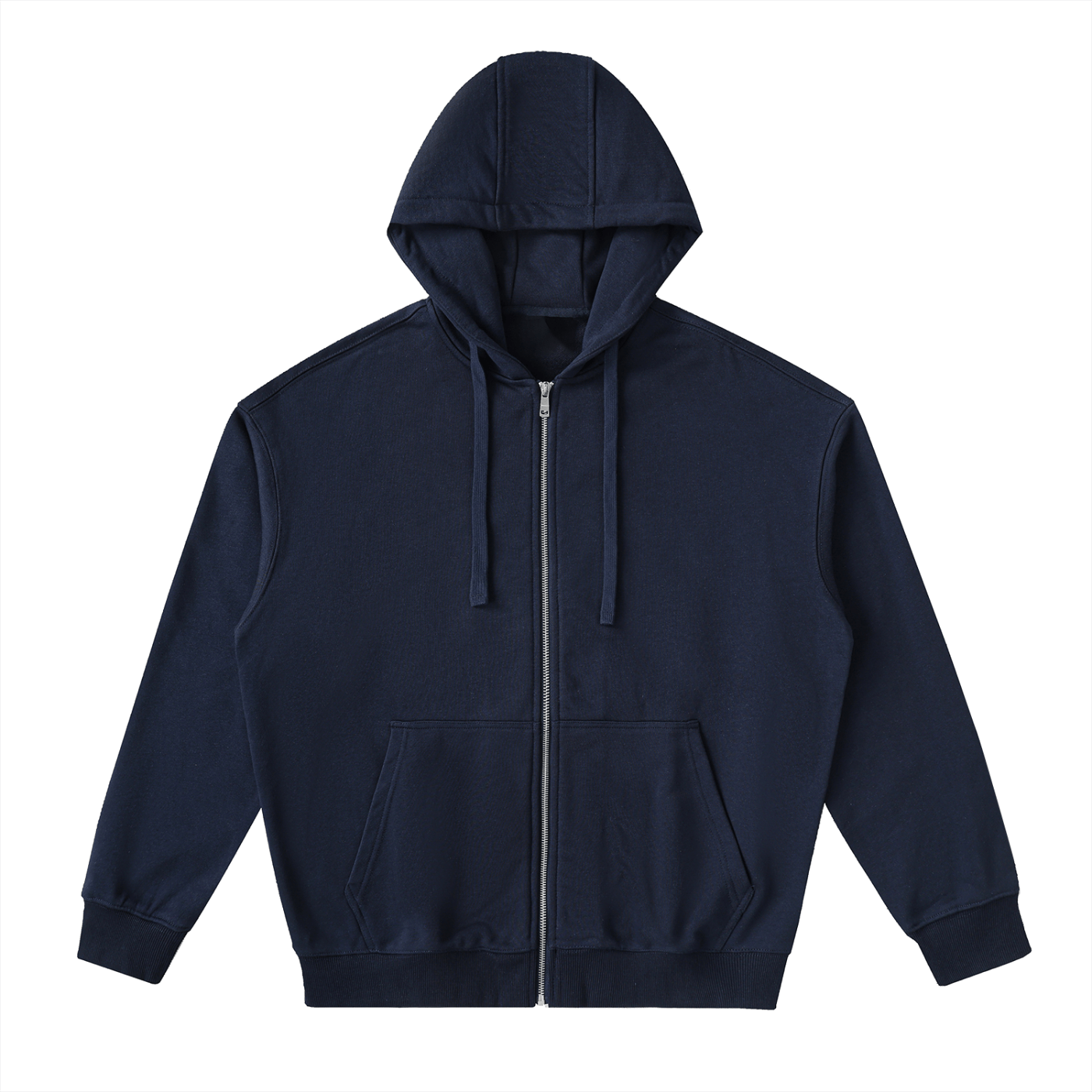 Navy blue hoodie with a zipper on a white background