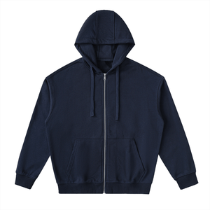Navy blue hoodie with a zipper on a white background