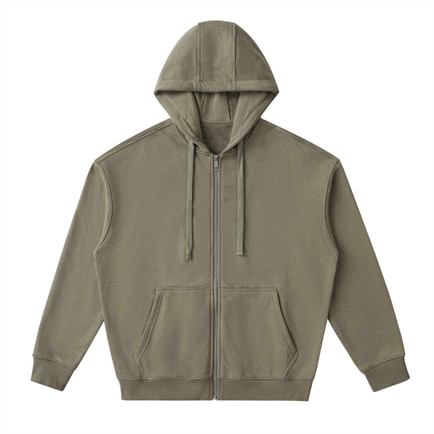 Green hoodie with a zipper on a white background