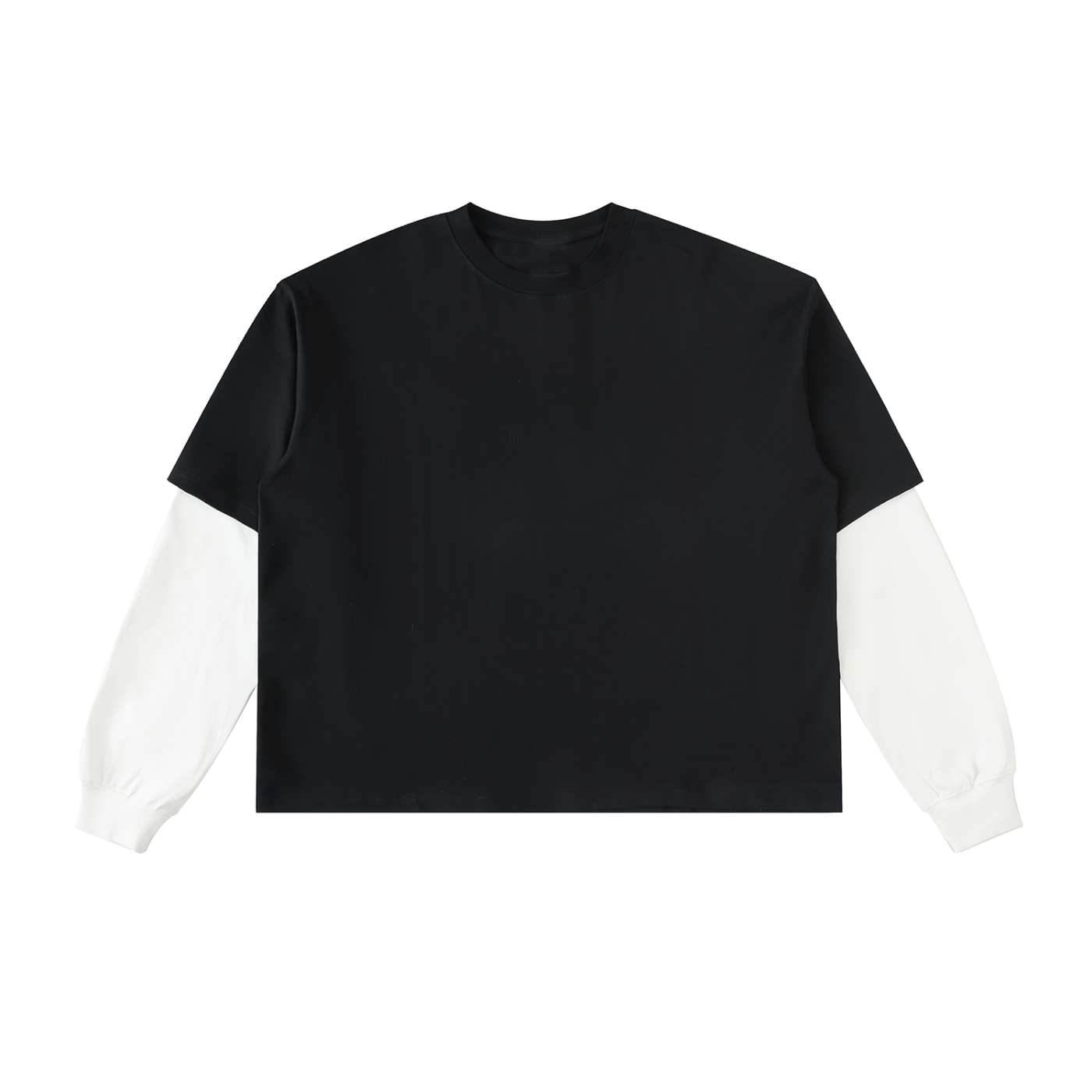 Black and white t-shirt with a small logo on a white background