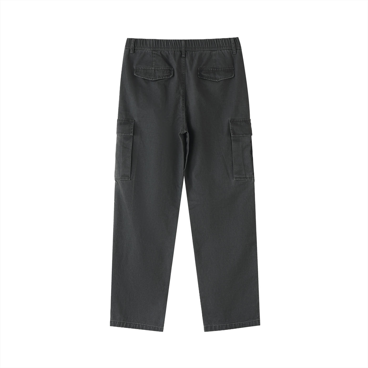 Dark gray cargo pants on a white background