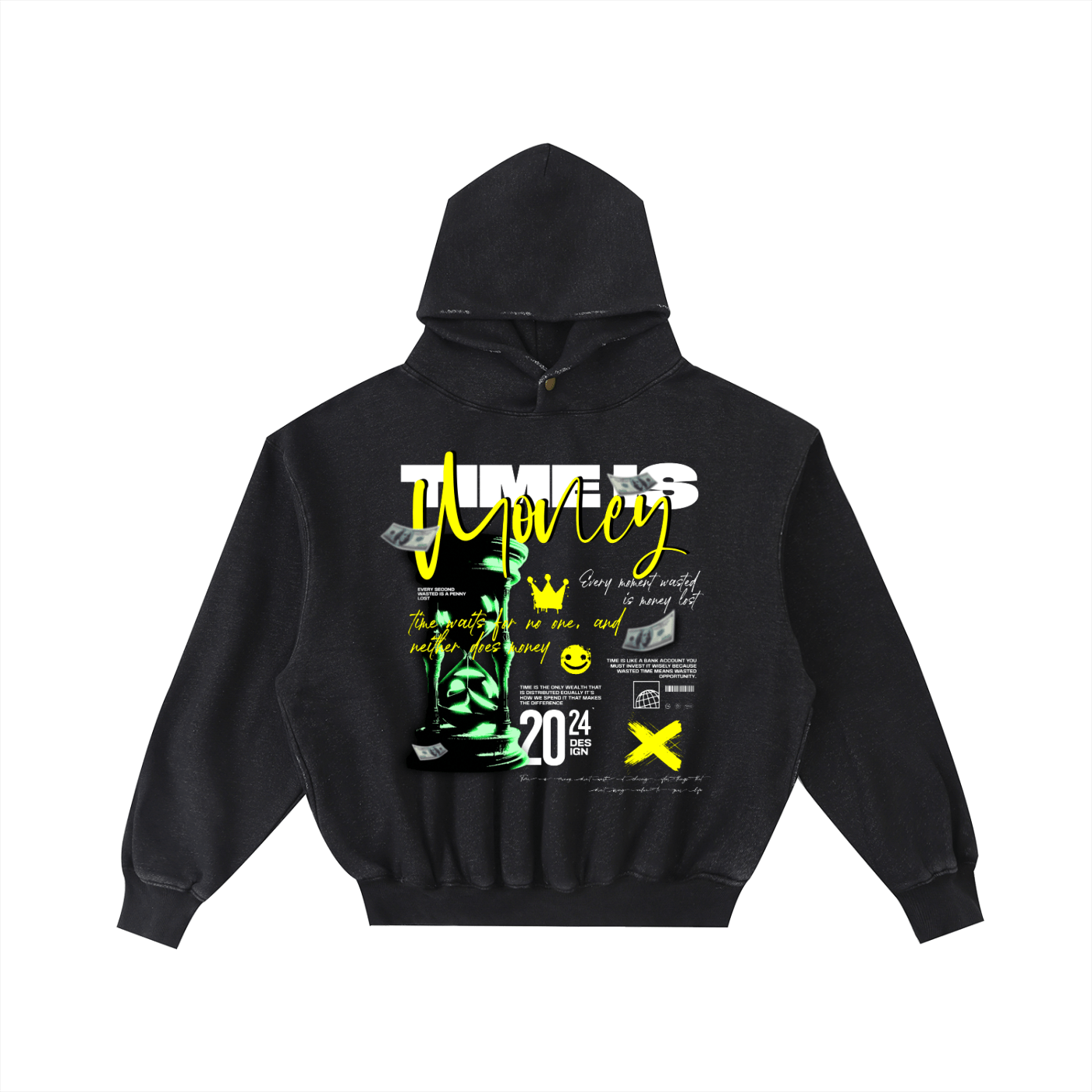 Black hoodie with colorful graphic design on a white background