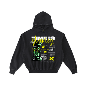 Black hoodie with colorful graphic design on a white background