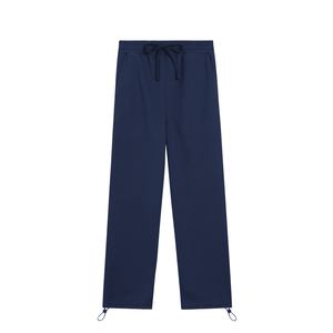 Navy blue pants with drawstring on a white background