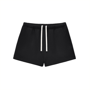Black shorts with white drawstrings on a white background