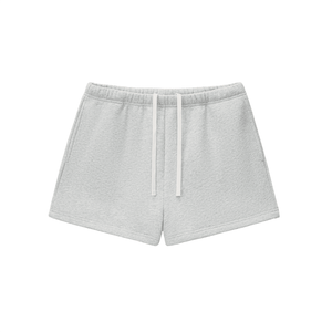 Gray shorts with drawstring on a white background