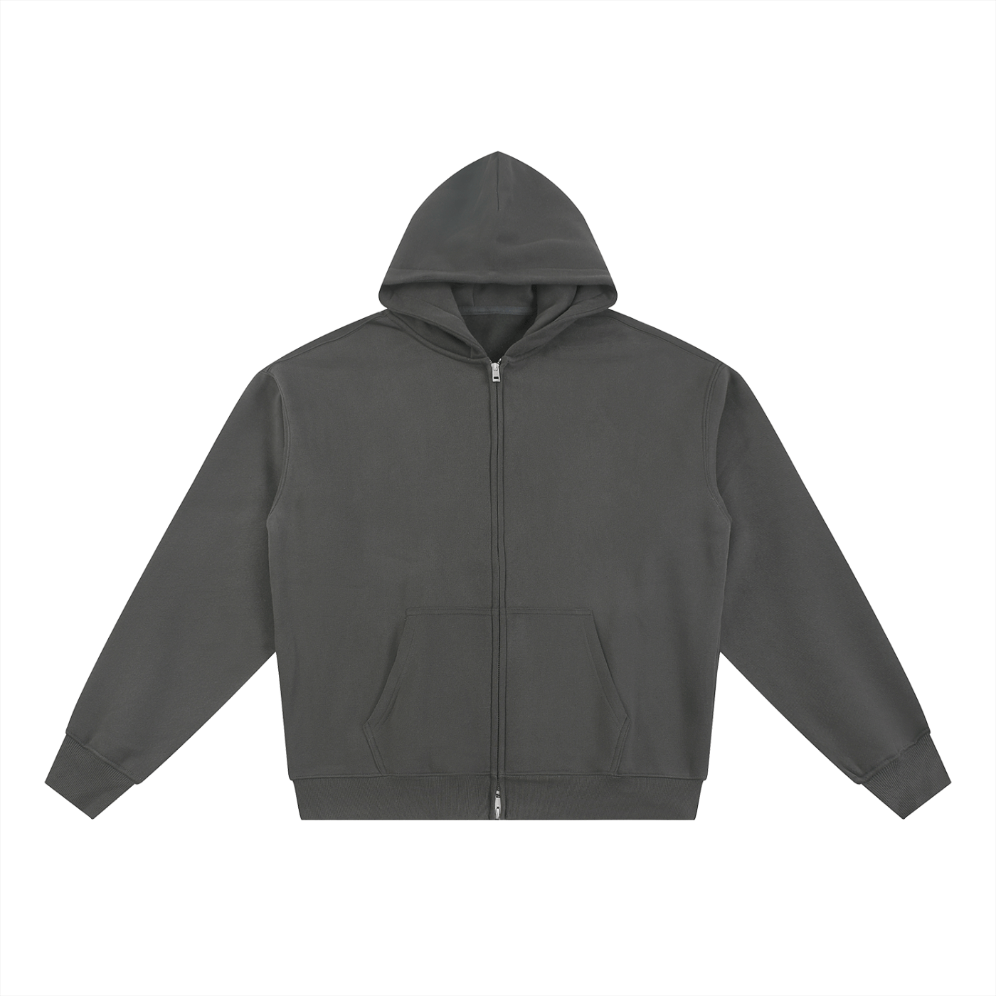 Dark gray hoodie with a zipper on a white background
