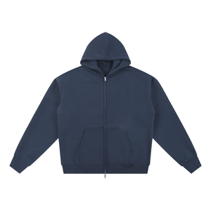 Navy blue hoodie with a zipper on a white background