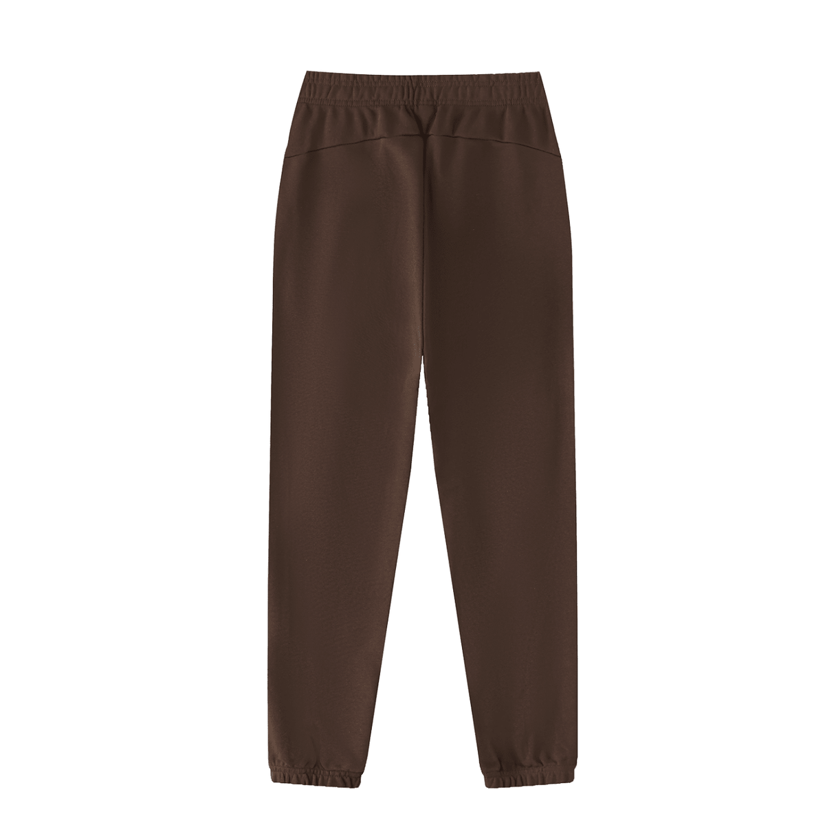 A pair of dark brown jogger-style pants with an elastic waistband and elastic cuffs, shown flat against a solid white background.