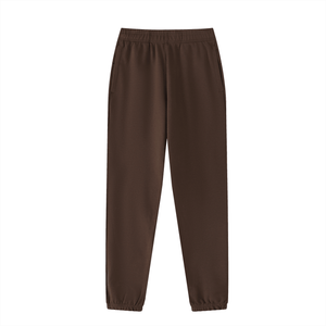 A pair of dark brown jogger pants with an elastic waistband and elastic cuffs, shown flat against a solid white background.